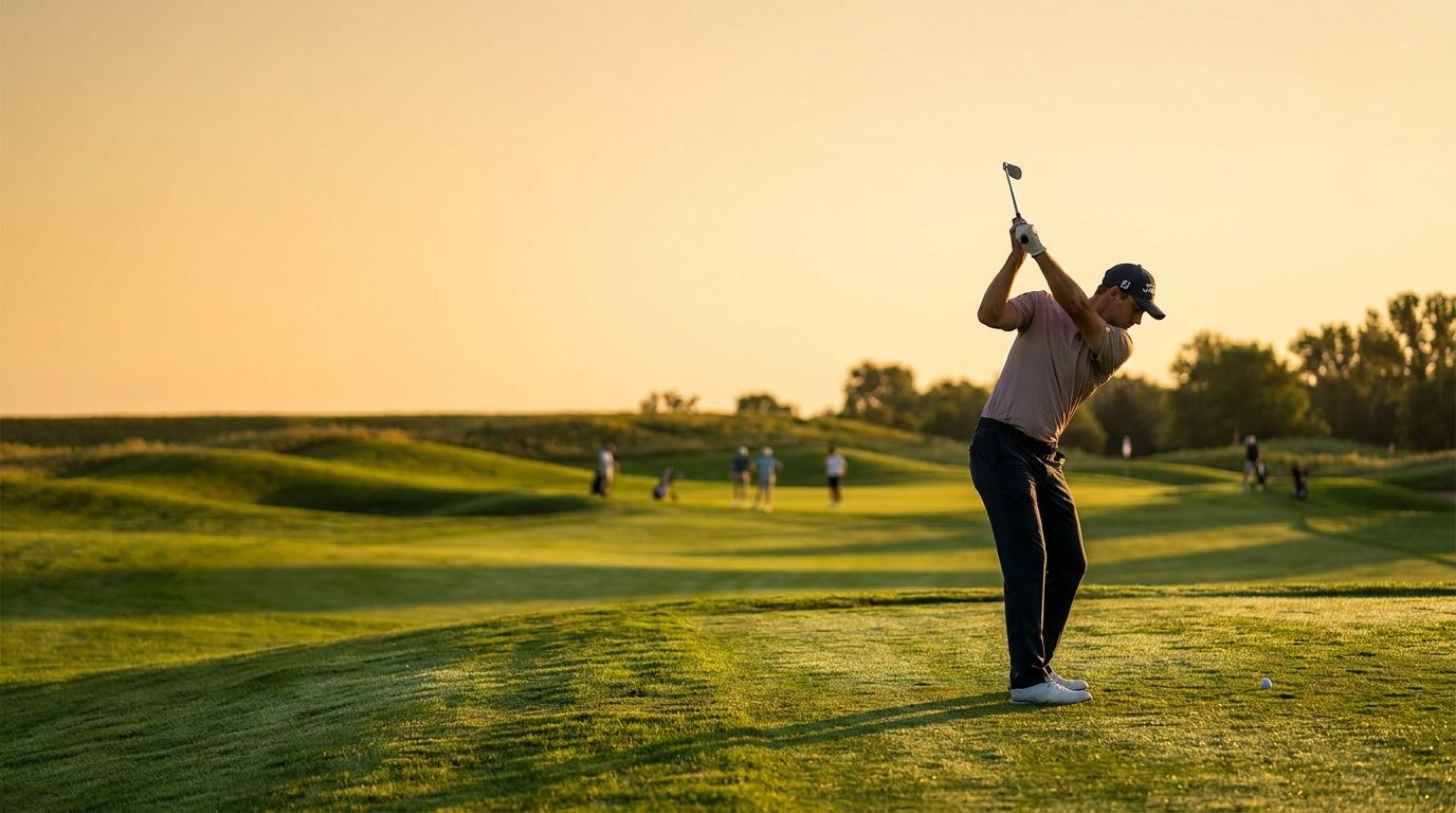 Golfer on a fairway at golden hour - Fairway Lab hero